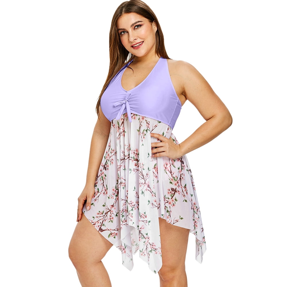 Womens Plus Size Sexy V Neck Halter Floral Print Long Flowy Tankini Top