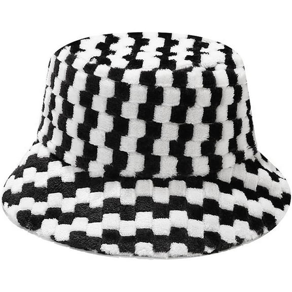 Patchwork Plaid Fluffy Bucket Hats Vintage Winter Faux Fur Fisherman Cap Warm Hat for Women Men Teens