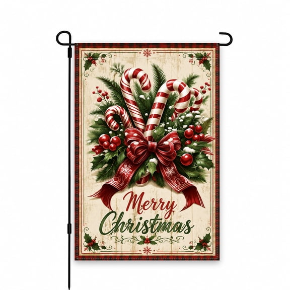 Christmas Garden Flag with Candy Canes & Red Bow, 12x18 Inch, Festive Holiday Decor for Lawn, Patio, Yard, Outdoor Display, Merry Christmas Design