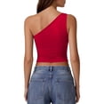 thumbnail image 5 of Women's One Shoulder Tank Tops Double Lined Sleeveless Slim Fit Cropped Tee Shirt Y2k Tops Off Shoulder Slim Fit Crop Top Beach Vacation Outfits Womens Tops Red S, 5 of 5