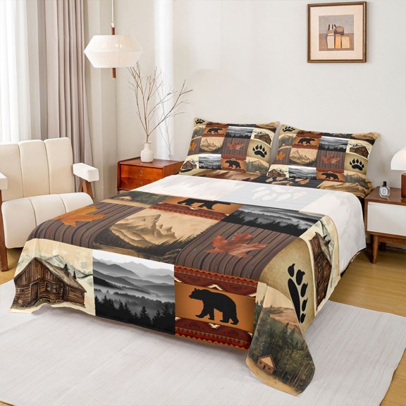 Manfei Vintage Geometric Grid Queen Sheets,Wild Bear Print Queen Sheet Sets,Brown,4-Piece,1 Flat Sheet, 1 Fitted Sheet and 2 Pillowcases