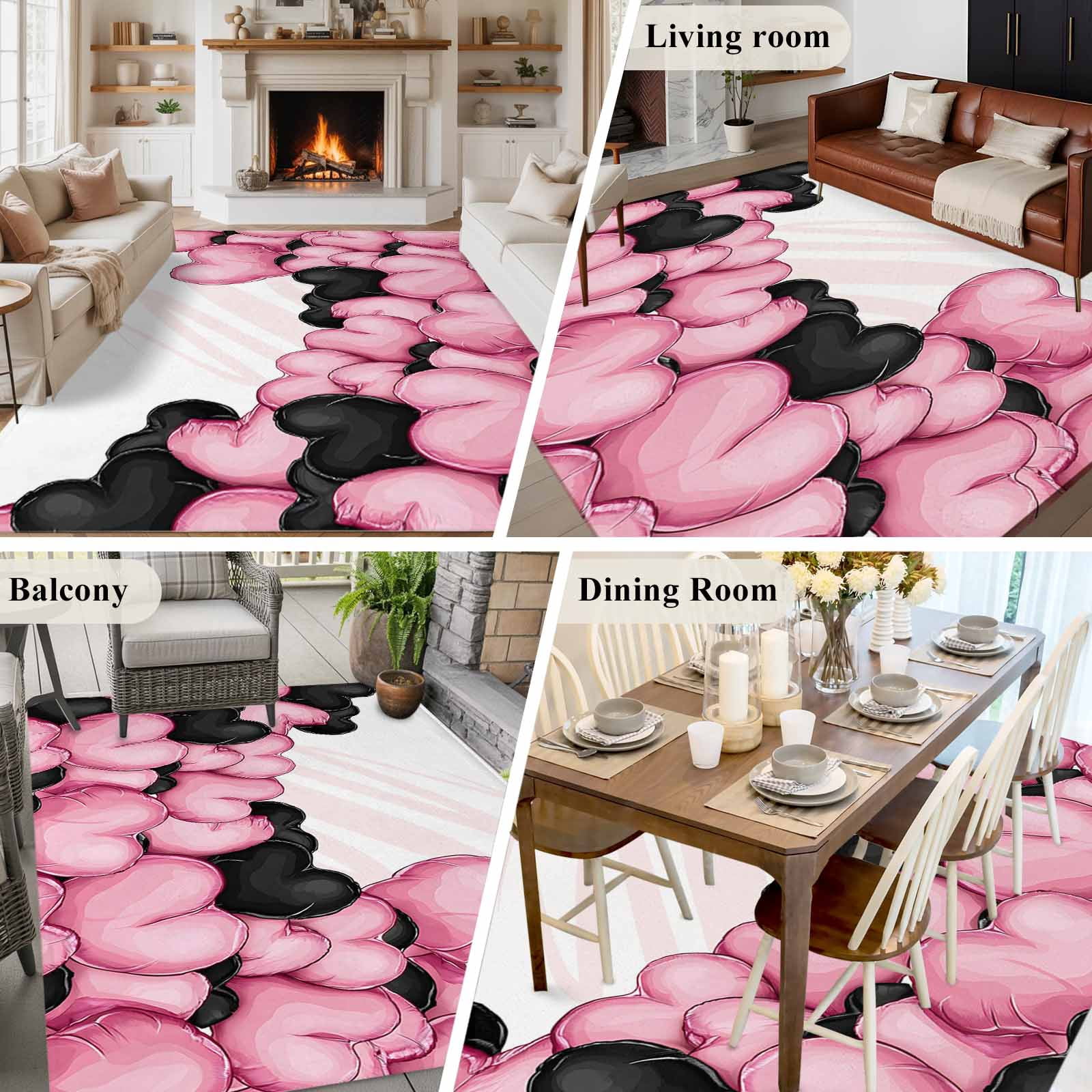 Rectangle Area Rugs 6 x 9 Ft, Valentine's Day Non-Slip Residential Carpet, Romantic Love Heart Ballons Pink and Black Indoor Crawling Mats Runner Rugs for Living Room/Dining Room/Bedroom