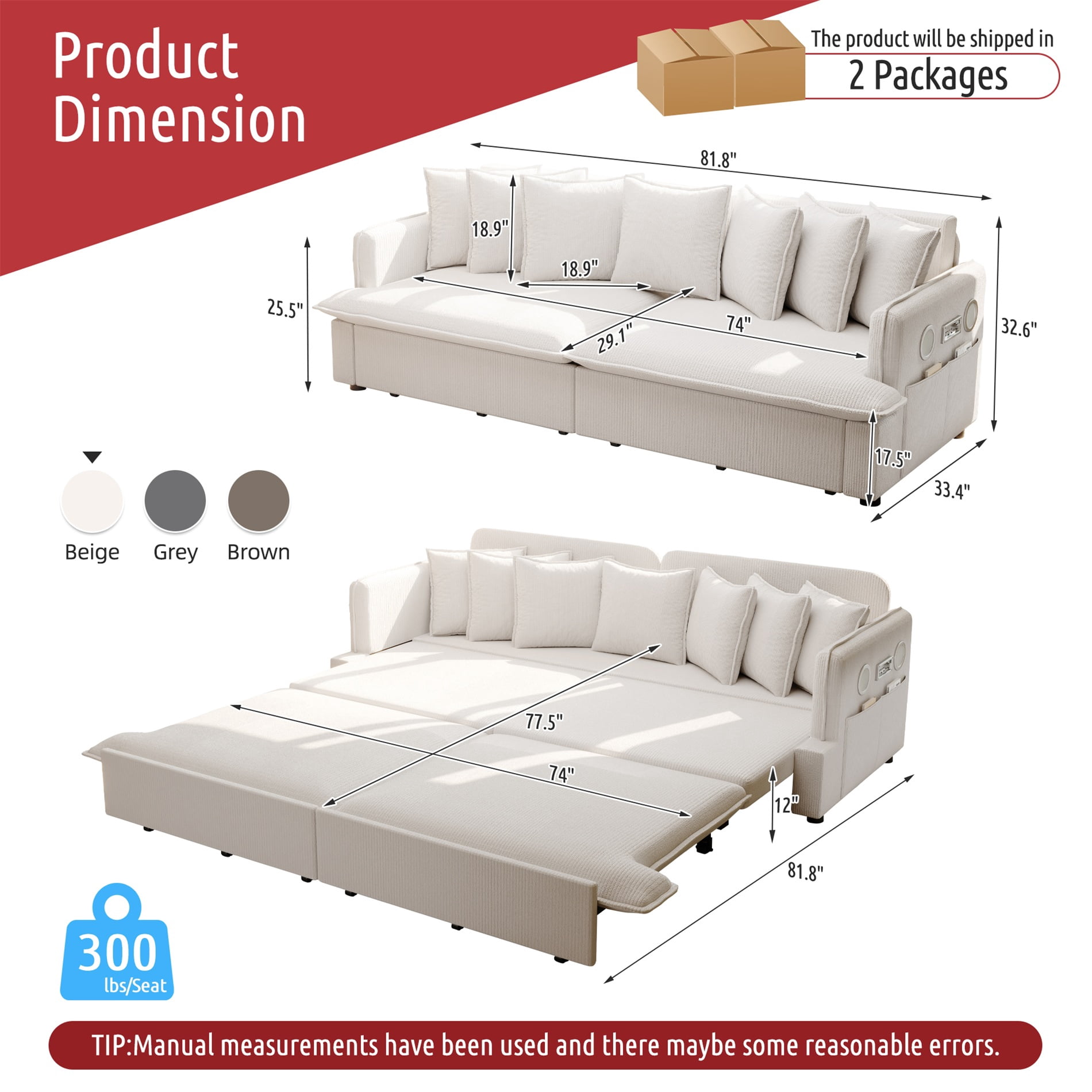 Alvantor 3 in 1 Convertible Sleeper Sofa Bed, 82" W Pull Out Sofa Bed with Bluetooth Speakers, USB Ports for living room, Apartment, Beige