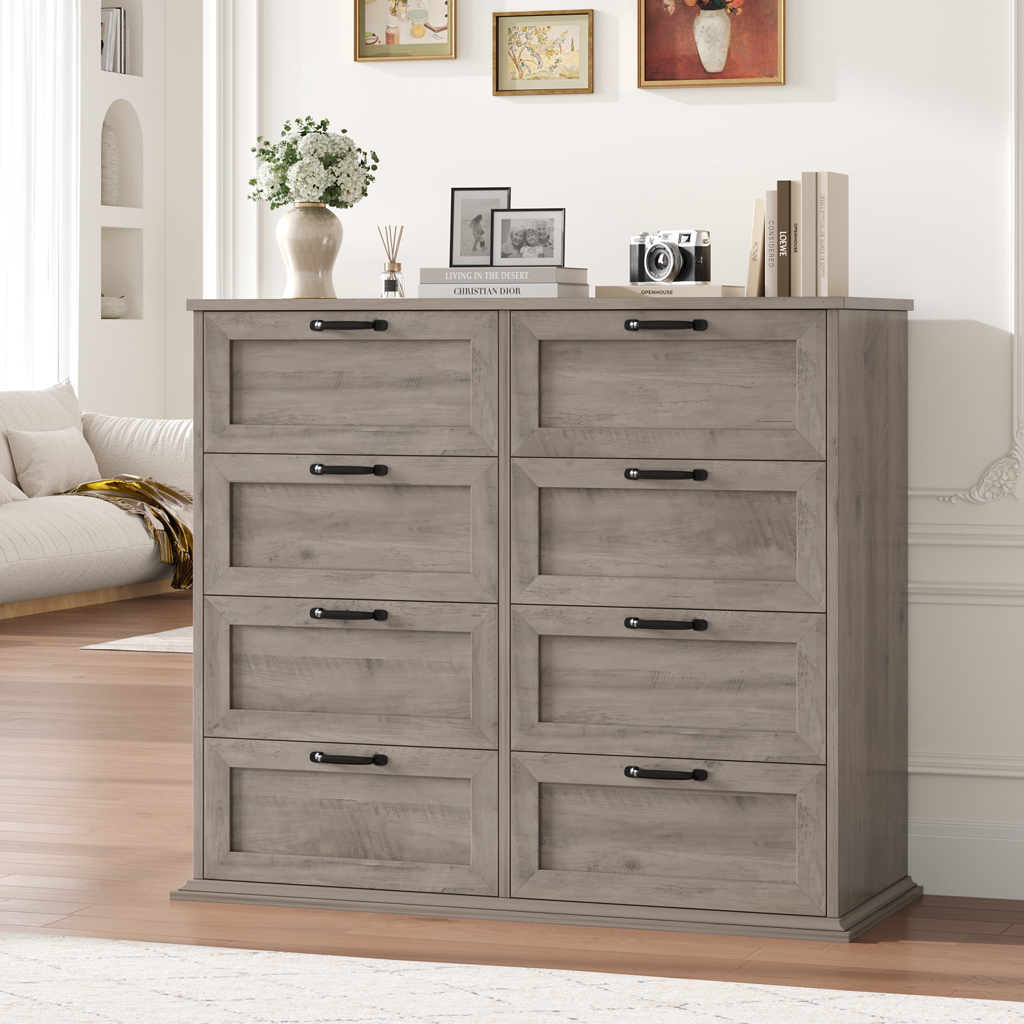 Homfa Horizontal 8 Drawer Dresser, Wood Storage Cabinet Double Dresser for Bedroom Living Room, Gray