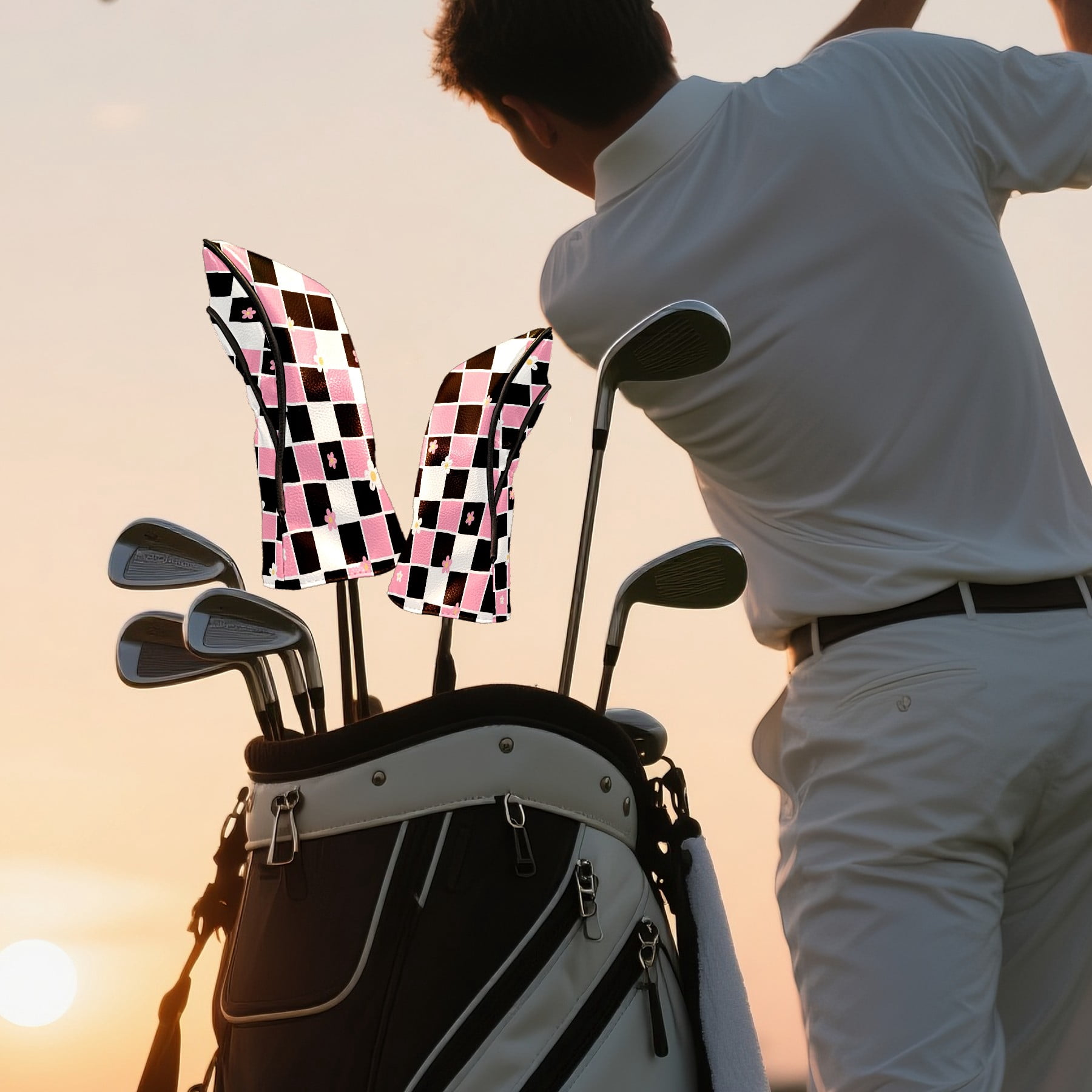Golf Club Headcovers High Quality Waterproof Leather Golf Head Cover Set Men Women Driver Head Cover Exclusive Gift for Golf Lovers Pink Black Grid Flowers