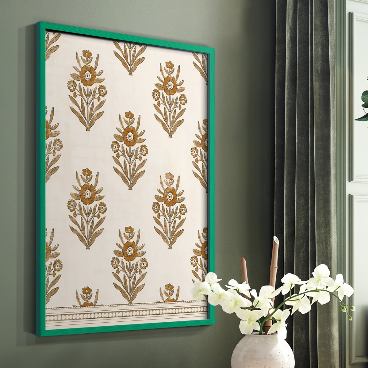 Block Print Blooms II Framed Print in Green Solid Wood Framed Print No Nail Hanging