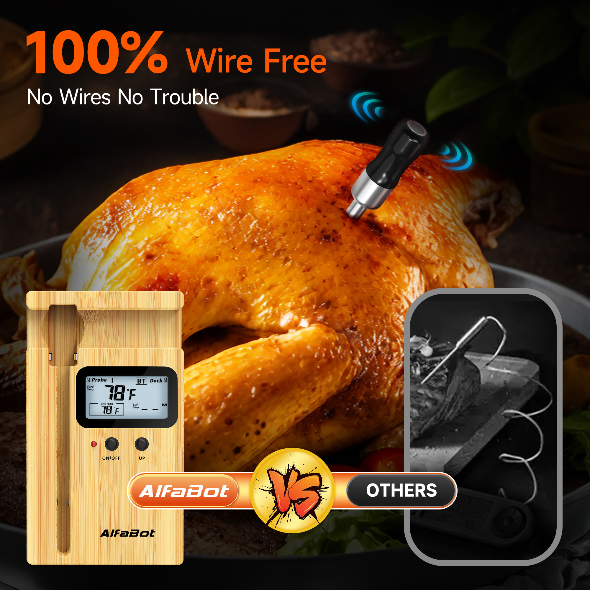 AlfaBot Wireless Meat Thermometer, Standalone Base with Display & Control, Alarm, Long Bluetooth Range, High-Temp-Resist Food Thermometer for Grilling and Smoking, Cooking, Oven, Rotisserie
