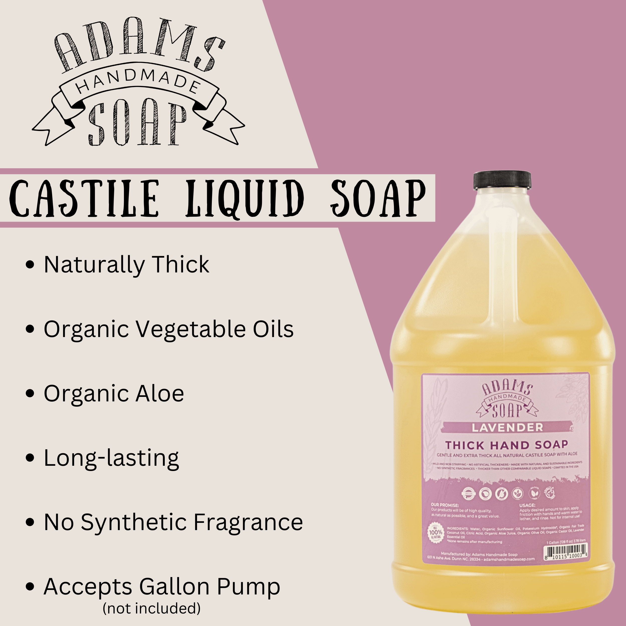 Lavender Organic Liquid Castile Hand Soap 1 Gallon Refill Adams Handmade Soap