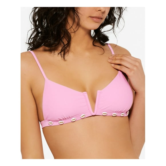 HULA HONEY Women's Pink Stretch Shell-Trim Tie Removable Cups V-Wire Adjustable Swimsuit Top L