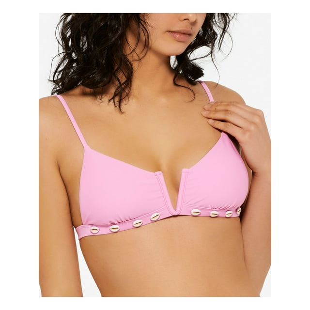 HULA HONEY Women's Pink Stretch Shell-Trim Tie Removable Cups V-Wire Adjustable Swimsuit Top M