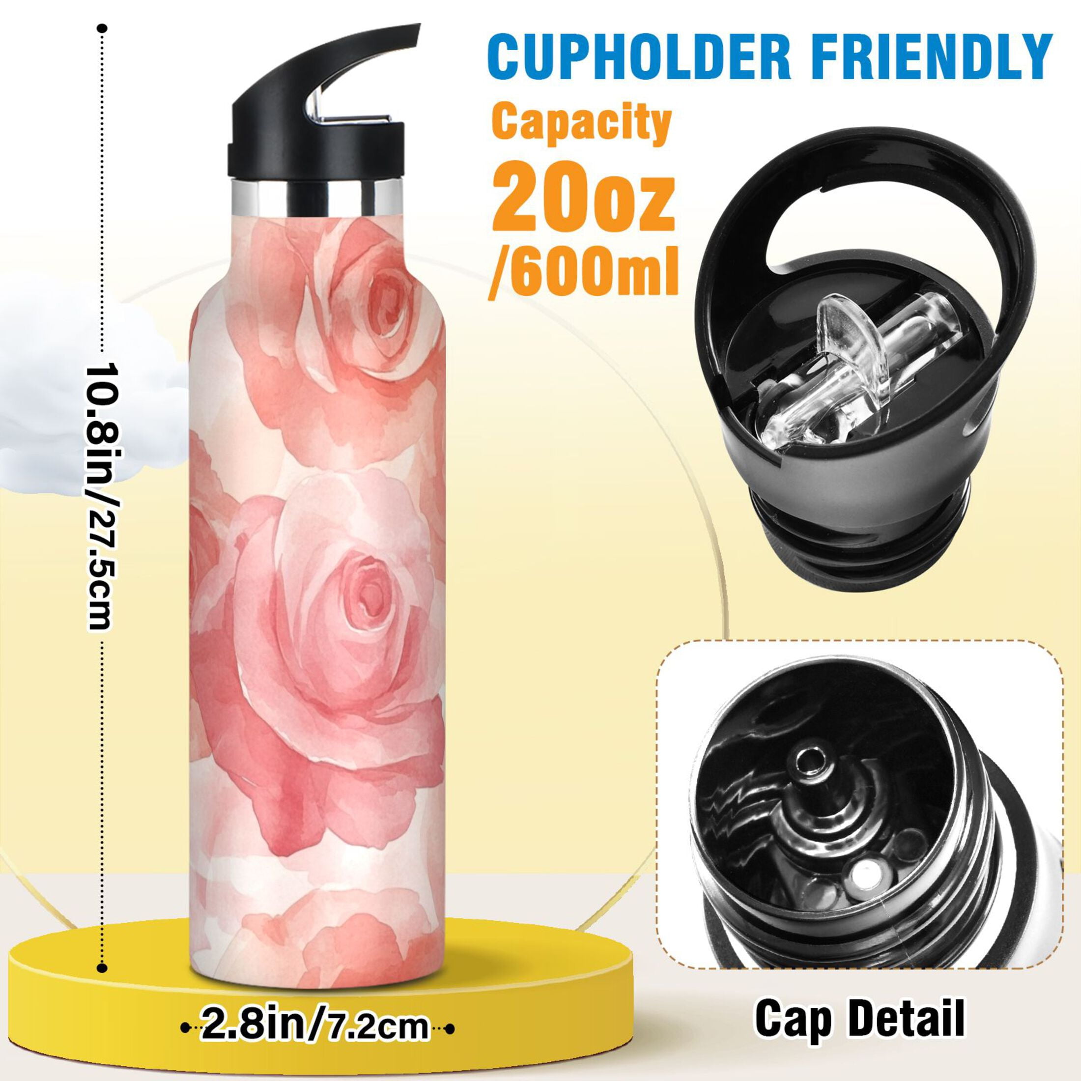600ML Stainless Steel Insulated Cup Sports Water Bottle Portable Thermos Cup Water Glasses Insulated Tumblers Convenient and Durable Pink Roses Seamless