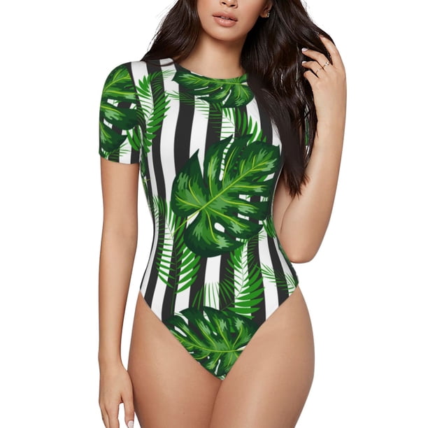 Fotbe Palm Greenery Body de Mujer con Cuello Redondo y Mangas Cortas, Sin Mangas Ajustado, Suave, Cómodo y Básico-XX-Large