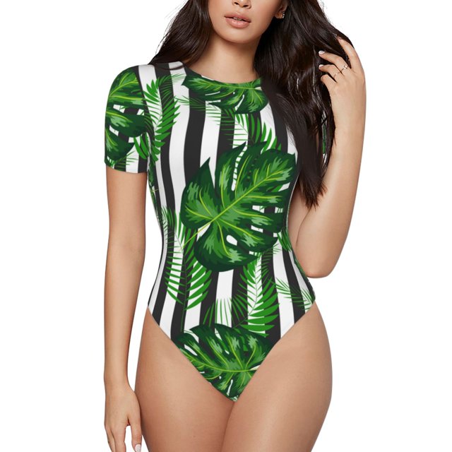 Saiise Motif Palmier Vert, Grenouillère à Manches Courtes pour Femmes, Pyjama à Col Rond, Justaucorps Extensible avec Fermeture à Pression - Grand