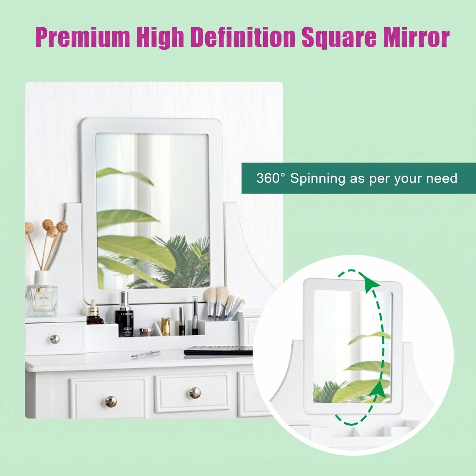 Furnibear Makeup Vanity Set with Rotatable Mirror 5 Drawers Cushioned Stool Removable Top Dressing Table for Bedroom, White