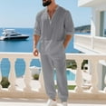 thumbnail image 3 of Aofany Men's 2 Pieces Cotton Linen Set Long Sleeve Henley Shirt and Casual Beach Pants Summer Outfits, 3 of 8