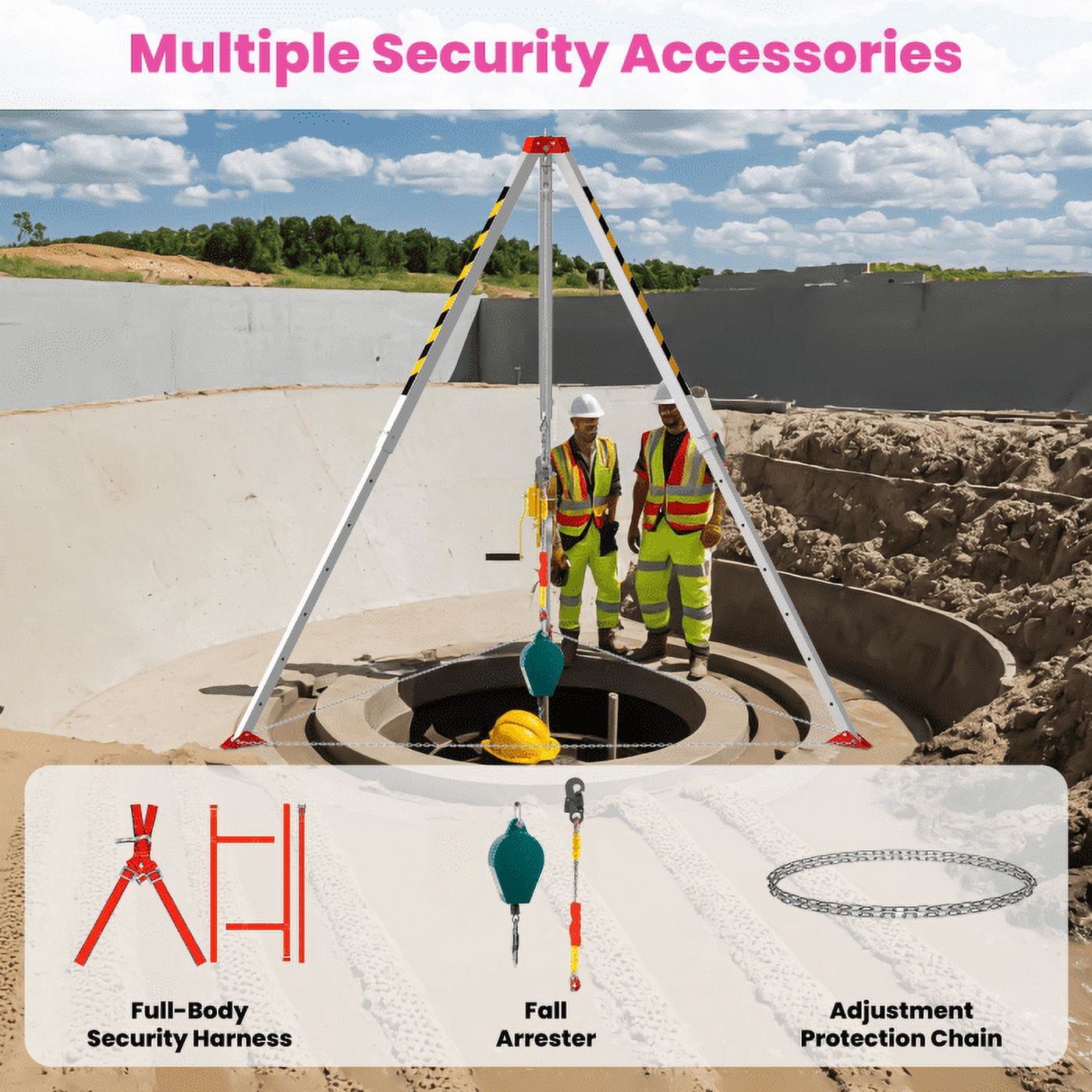 2600LBS Manhole Tripod, 33kg Portable, Quick Adjustment, Complete Kit, Tripod for Confined Spaces, Confined Space Tripod Kit, Shaft, Pipe, Industrial Environments