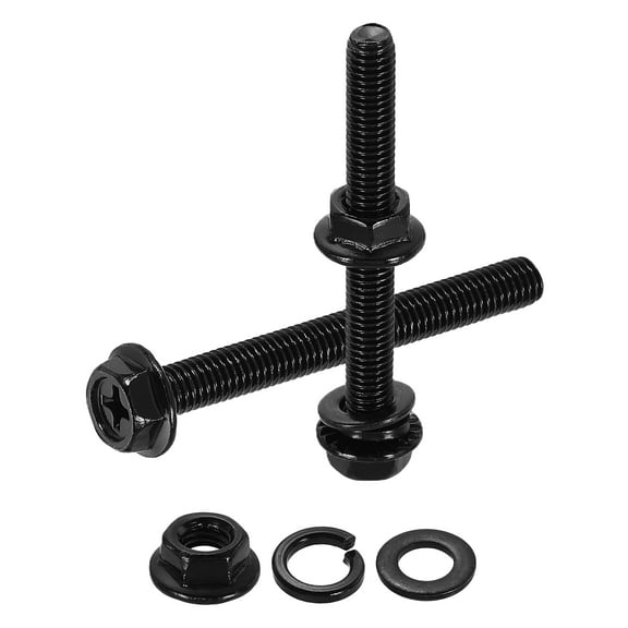 M5 x 45mm 10Pcs Phillips Flanged Hex Bolts with Nuts, Flat & Lock Washers, Black