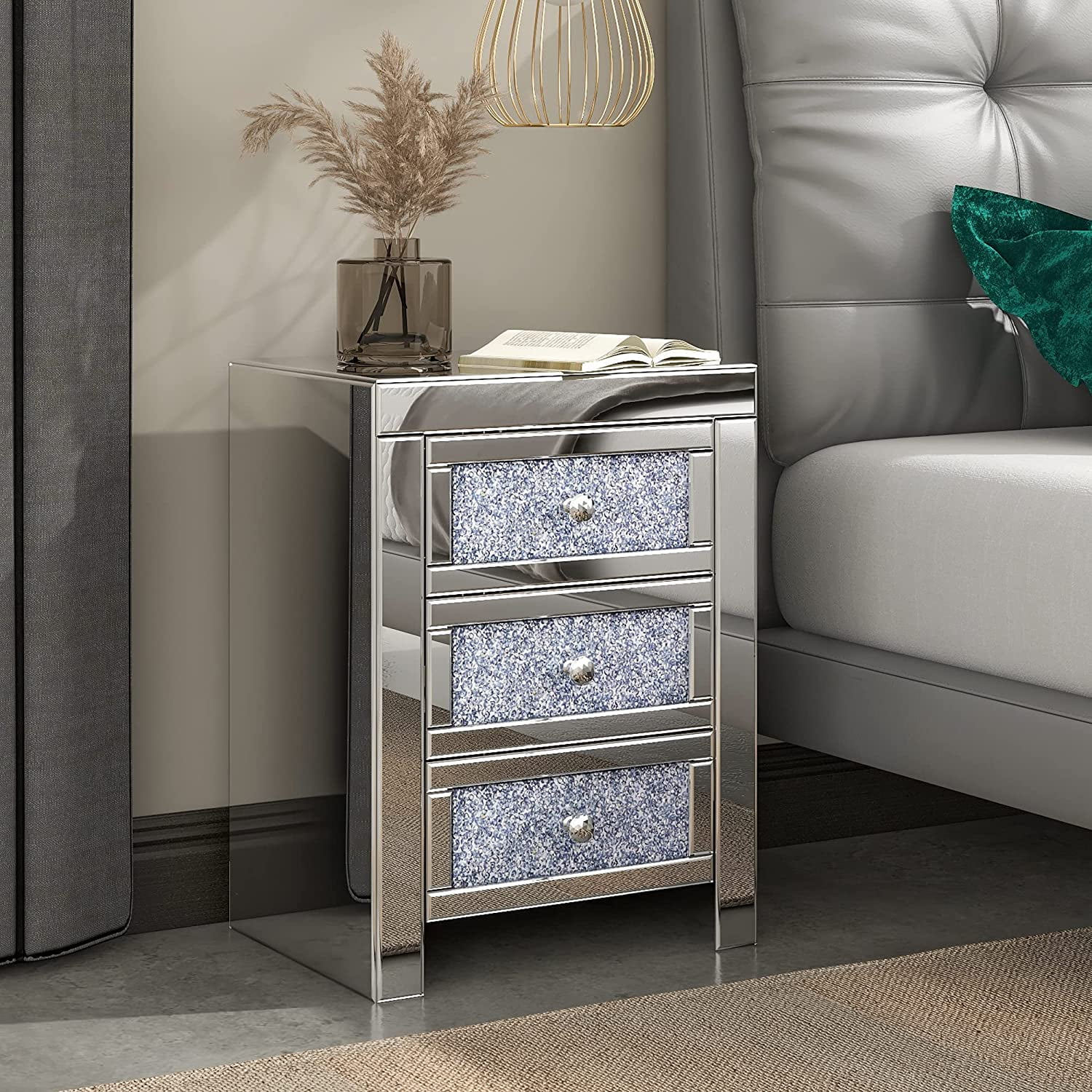 Silver Mirrored 2/3 Drawer Crystal Accent End Beside Table Nightstand Side Table 