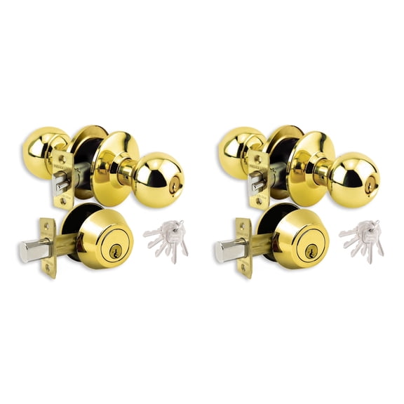 Lot of 2 Brass Finish Grade 3 Combo Lock Set with Entry Door Knob and Deadbolt With 12 KW1 Keys - Boxed Keyed Alike