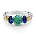 thumbnail image 2 of Gem Stone King 925 Sterling Silver and 10K Yellow Gold Oval Green Malachite Blue Created Sapphire and White Diamond 3 Stone Ring for Women (3.23 Cttw, Gemstone Birthstone, Size 7), 2 of 3