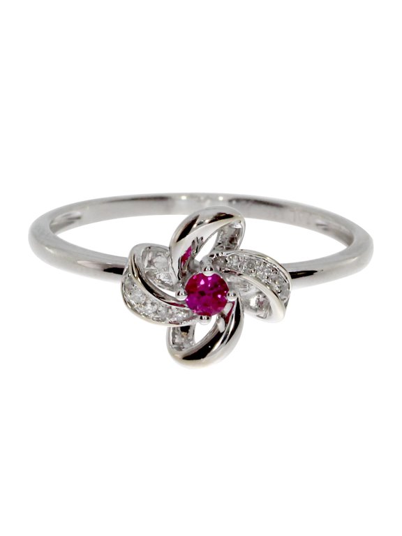 14k White Gold Ruby and Single Cut Diamond Flower Ring