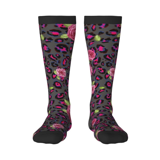 Fotbe Rose Mix Leopard 2 Calcetas Divertidas Estampadas para Hombre y Mujer, Calcetas de Algodón hasta la Rodilla para Caminar, Correr, Enfermería y Embarazo