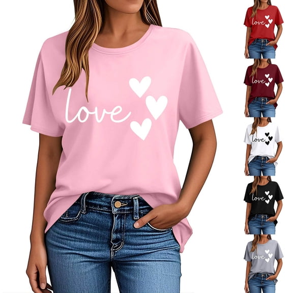 ZZwxWA Womens Valentine's Day Short Sleeve Tops Summer Love Heart Print T Shirts Round Neck Casual Fashion Basic Tee Tunics
