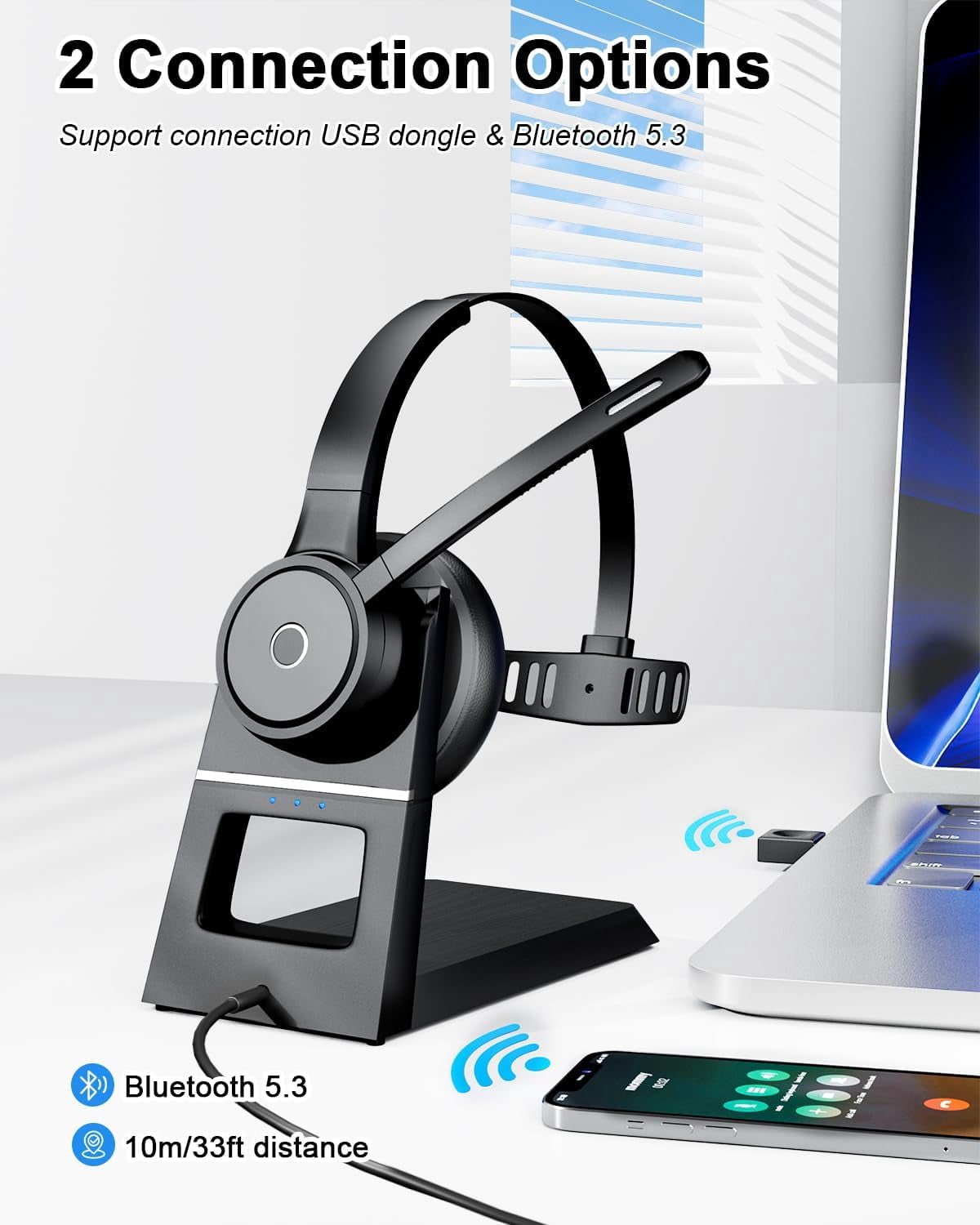 Bluetooth Headset with Noise Cancelling Mic, USB Dongle & Charging Dock, Wireless Computer Headset for PC Laptop Zoom Teams Call Center