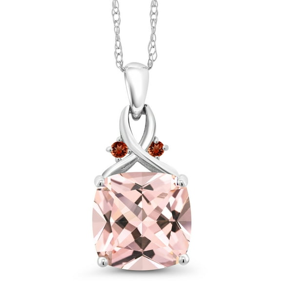 Gem Stone King 10K White Gold Peach Nano Morganite and Red Garnet Pendant Necklace for Women (4.39 Cttw, Gemstone October Birthstone, Cushion Cut 10MM, with 18 inch Chain)
