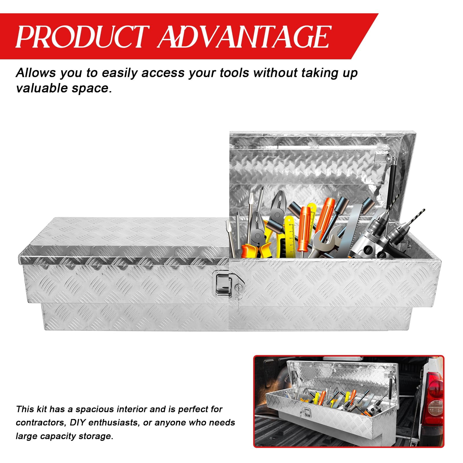 Confote 60 Inch Side Mount Tool Box with Paddle Latch Perfect for Pickup Trucks, Silver