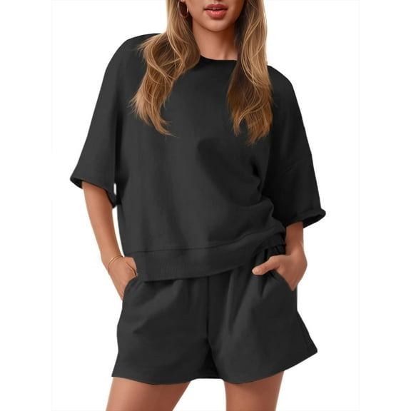 2 PCS Womens Outfits Casual Oversized Cropped Sweatshirt & High Waist Running Shorts Tracksuit Sets
