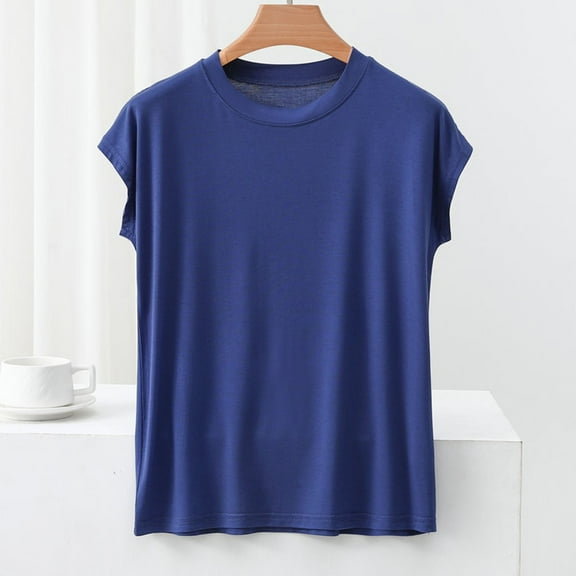 Women's Soft Modal Cotton T-Shirts Fashion Solid Color Shirts Summer Short Sleeve Blouses Round Neck Loose Pullover Top(Blue L)