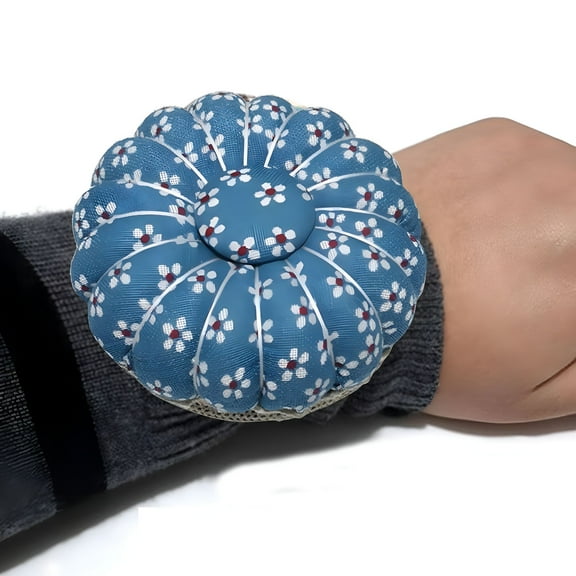 LAMIRO Wrist Pin Cushion for Sewing with Soft Cotton Fabric,Pin Patchwork Holder,Sewing Blue