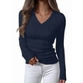 thumbnail image 2 of Women Long Sleeve Cable Knit Sweater Fall Fashion V Neck Fitted Pullover Business Casual Fall Outfits Navy Blue M, 2 of 9