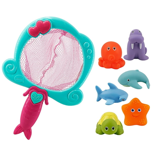 Lolmot Fishing Game For Toddlers Bath Toy, Fishing Floating Animals Squirts Toy, Fish Net Game In Bathtub6pc Blue