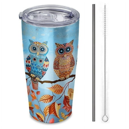 

colorful painting of owls sitting on tree branches-Insulated Car Cup 20 oz Stainless Steel Travel Tumbler with Reusable Straw & Brush Hot & Cold Drinks Coffee/Tea/Office/Outdoor Drinkware