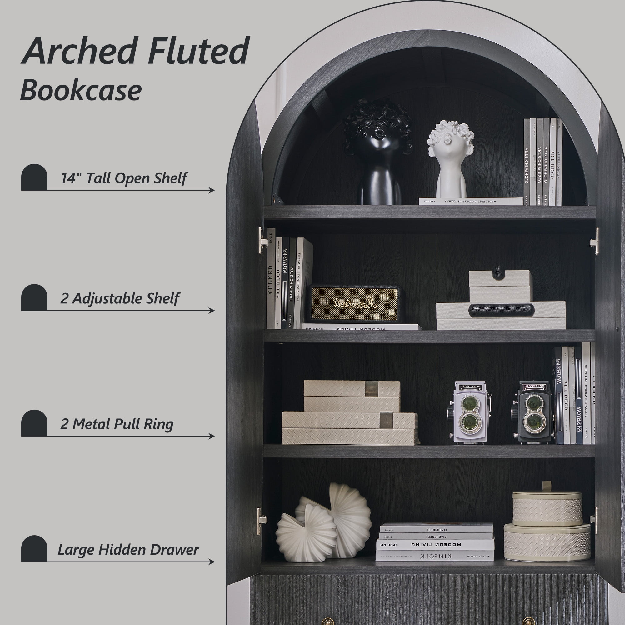 Aitjunz Fluted Arched Pantry Storage Cabinet, 71'' Kitchen Tall Cabinet with 2 Doors & 2 Large Drawers, Wooden Cabinet w/Adjustable Shelves for Dining Room and Living Room, Natural