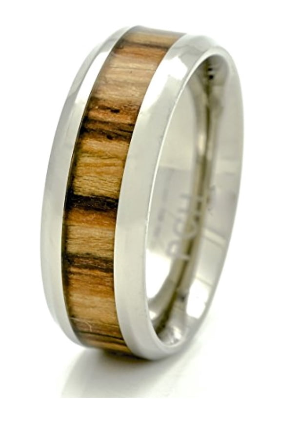 Men's Titanium Ring With Genuine Zebra Wood Wood Inlay 8MM Comfort Fit Wedding Band Size (8.5)