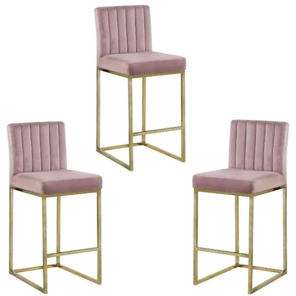 Home Square 3 Piece 26" Velvet Counter Stool Set with Gold Metal Base in Pink