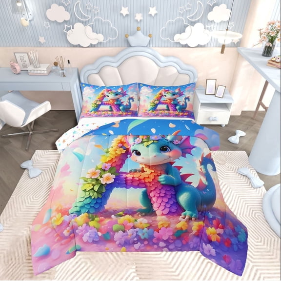 Dinosaur Twin Comforter Set for Cute Cartoon Animal Bedding Sets Kawaii Dinosaur Bedding Comforter Sets Rustic Floral Print Down Comforter Lovely Pink Purple Gradient Duvet Insert
