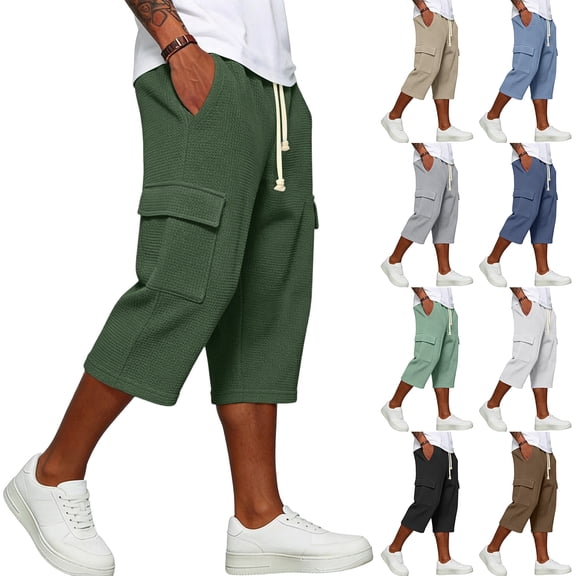 Nestiefly Long Cargo Shorts for Men Below Knee Waffle Drawstring Capris Pants Elastic Waist Lightweight Summer Resort Wear Navy L