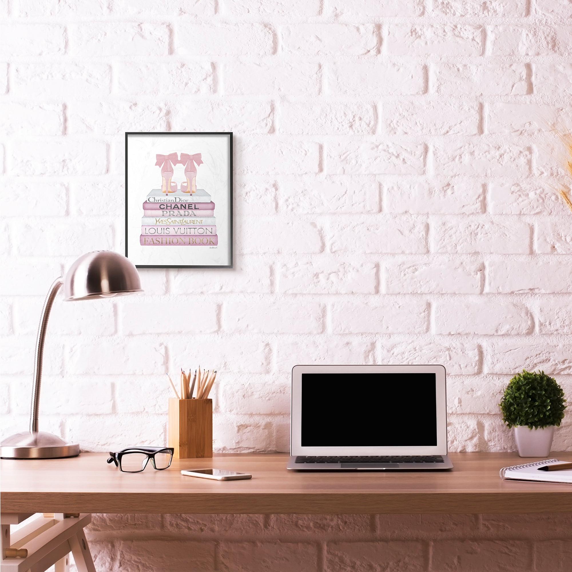 Stupell Industries Fashion Designer Shoes Bookstack Pink White Watercolor Framed Wall Art by Amanda Greenwood