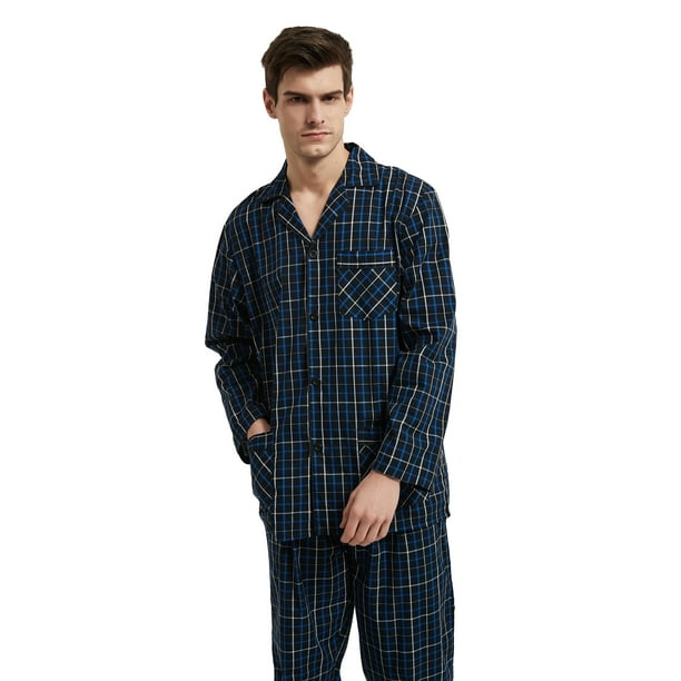 GLOBAL Men's Cotton Yarn Notch Collar Pajama Set with Pockets, 2Piece