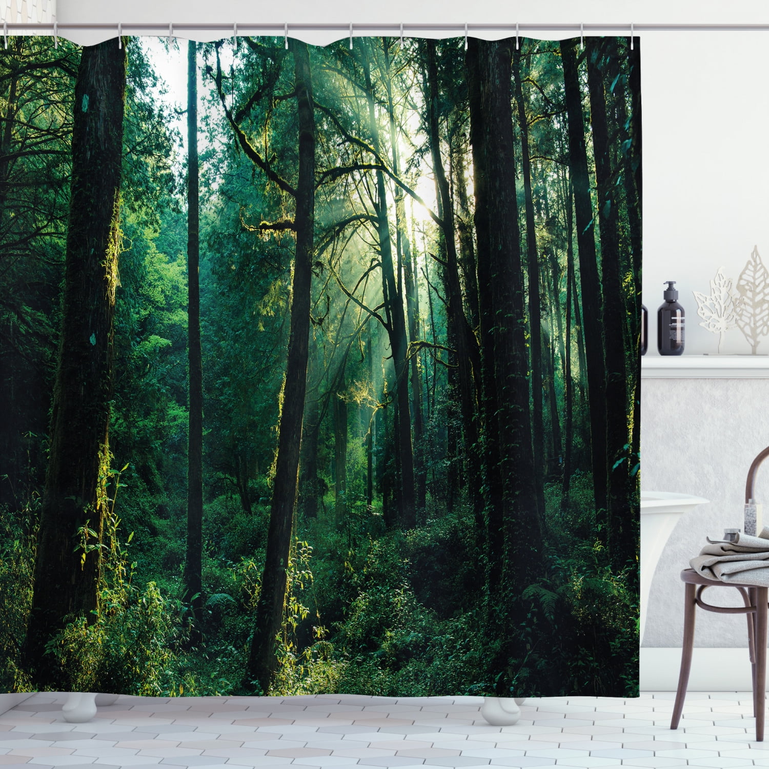 Spring Green Forest Scenery Bathroom Waterproof Fabric Shower Curtain Set 180cm 