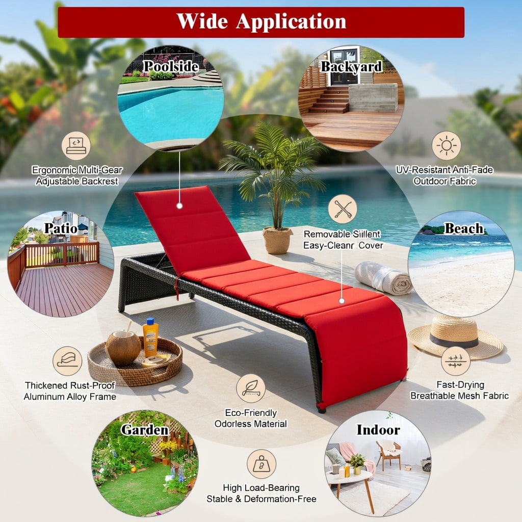 Hommoo Adjustable Outdoor Rattan Chaise Lounge Chair with Thick Cushion, PE Wicker Recliner for Patio, Pool & Garden, Red