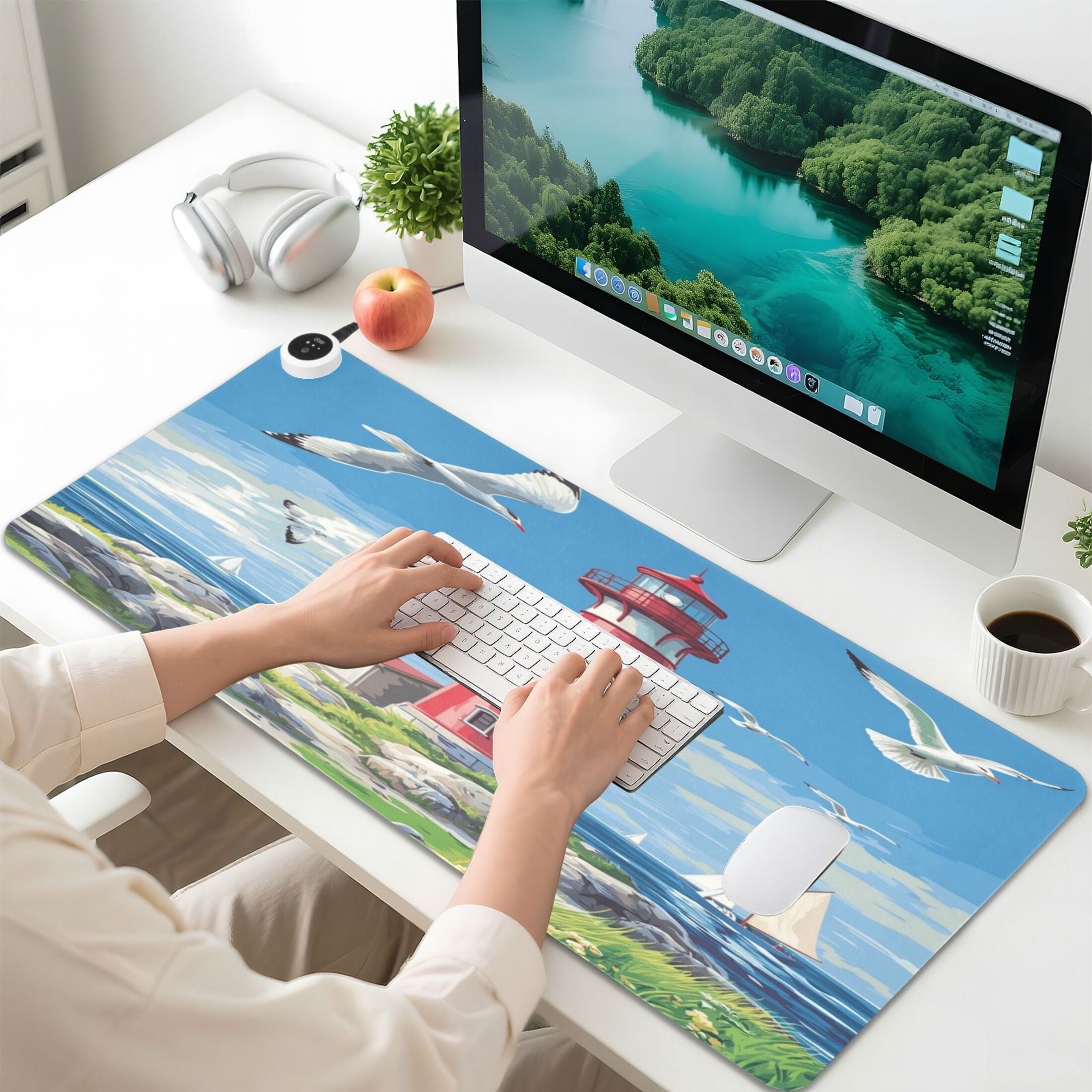 Wobogo Coastal Lighthouse Heated Mouse Pad Extra-Large Desk Mat With 3 Heating Levels and 3-hour Auto Shut-Off Protection Ideal for Computer Keyboards Home Office Hand-warming Essential 31.5in × 13in