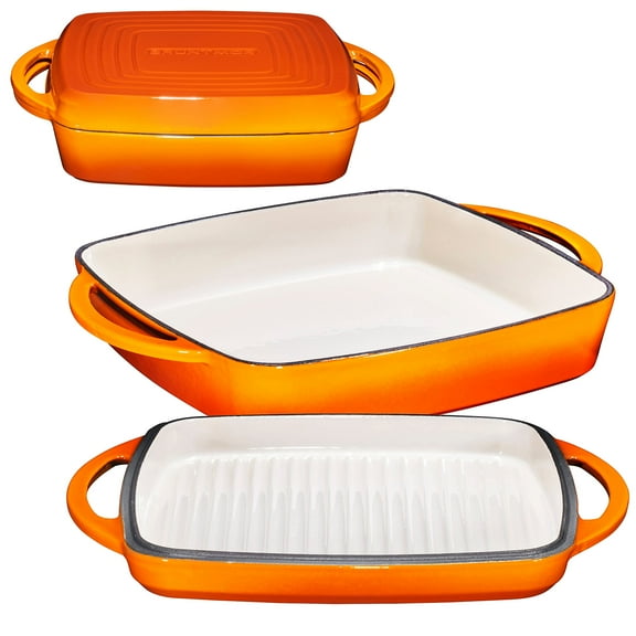 2 in 1 Enameled Cast Iron Square Casserole Baking Pan With Griddle Lid 2 in 1 Multi Baker Dish, Pumpkin Spice