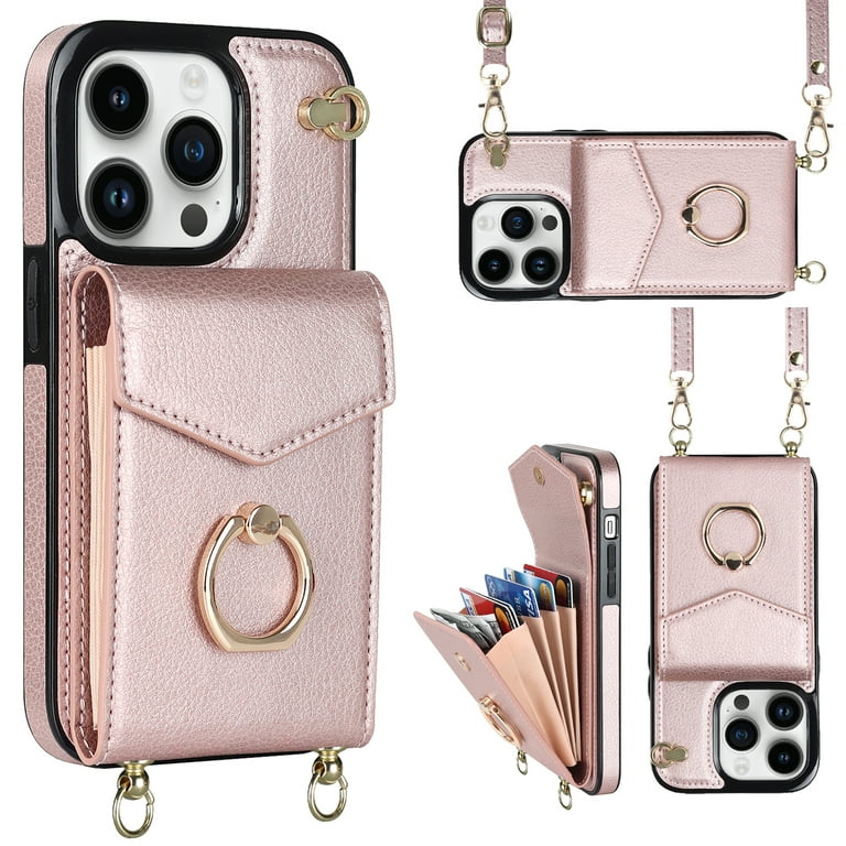Wallet Case for iPhone 14 Pro Max, Luxury PU Leather Shoulder Strap Lanyard  Crossbody Back Card Slot Bag Magnetic Cover with RFID Blocking Ring Holder  Kickstand Soft TPU Bumper Case,Rosegold 