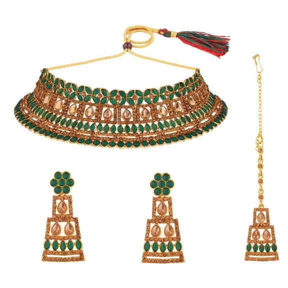 Efulgennz Bridal Jewelry Set Indian Wedding Faux Kundan Crystal Rhinestone Green Choker Necklace Dangle Earrings Maang Tikka Traditional Jewelry for Women