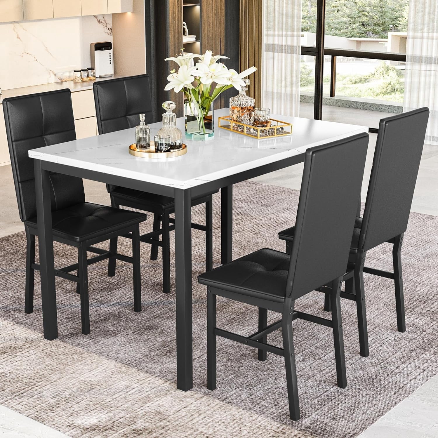 LinkRomat Dining Table Set for 4, Modern Faux Marble Tabletop and 4 PU Leather Upholstered Chairs, Kitchen Table and Chairs for Dining Room Breakfast Nook, White